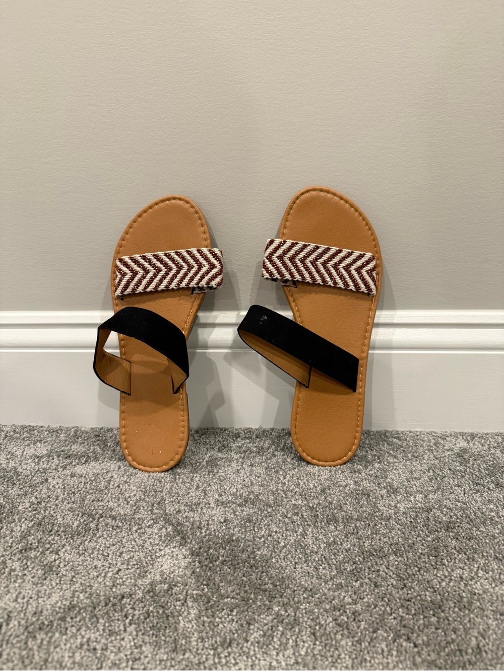 Women's Tan Slide Sandals with Black and Brown Strap